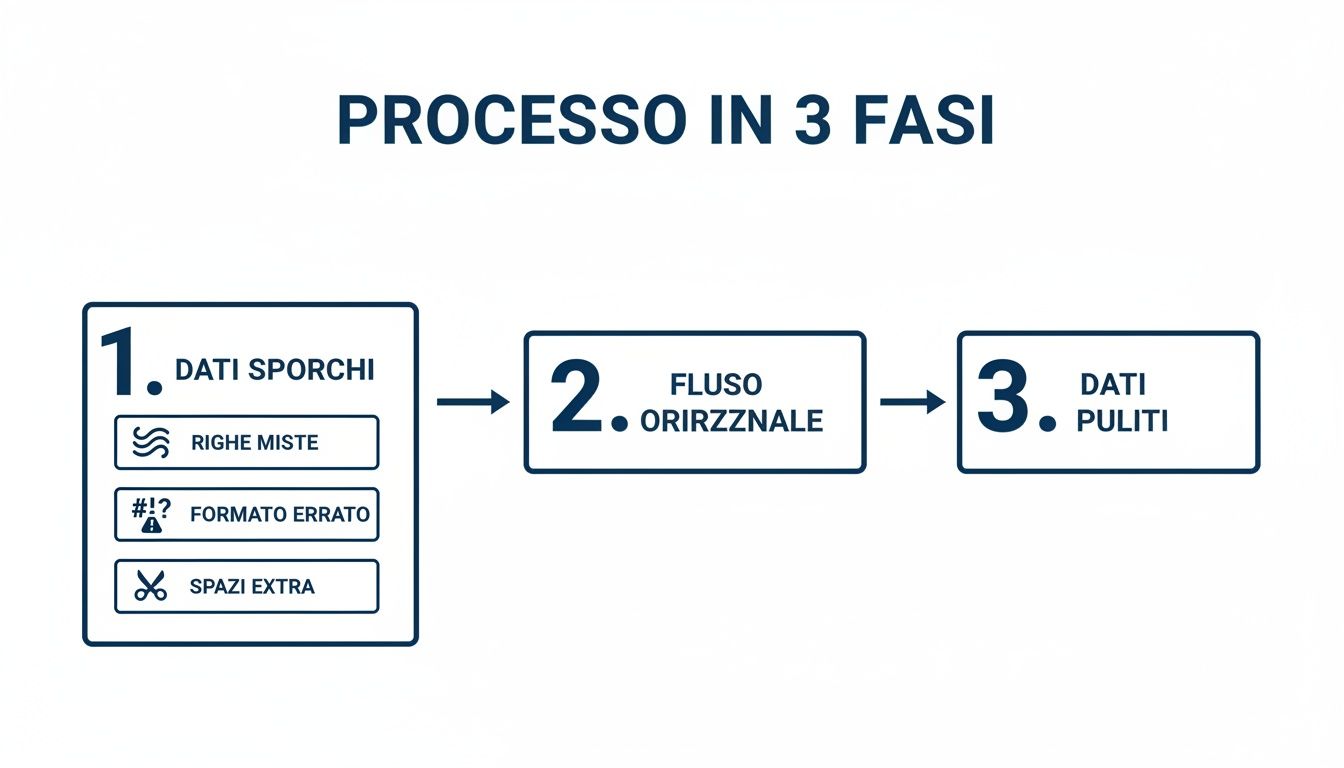 Schema infografico del processo in 3 fasi: dati sporchi (righe miste, formato errato, spazi extra), flusso orirzznale e dati puliti.