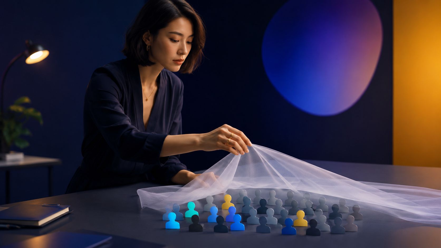 Una donna d'affari solleva un velo bianco su piccole figure umane colorate posizionate su un tavolo.