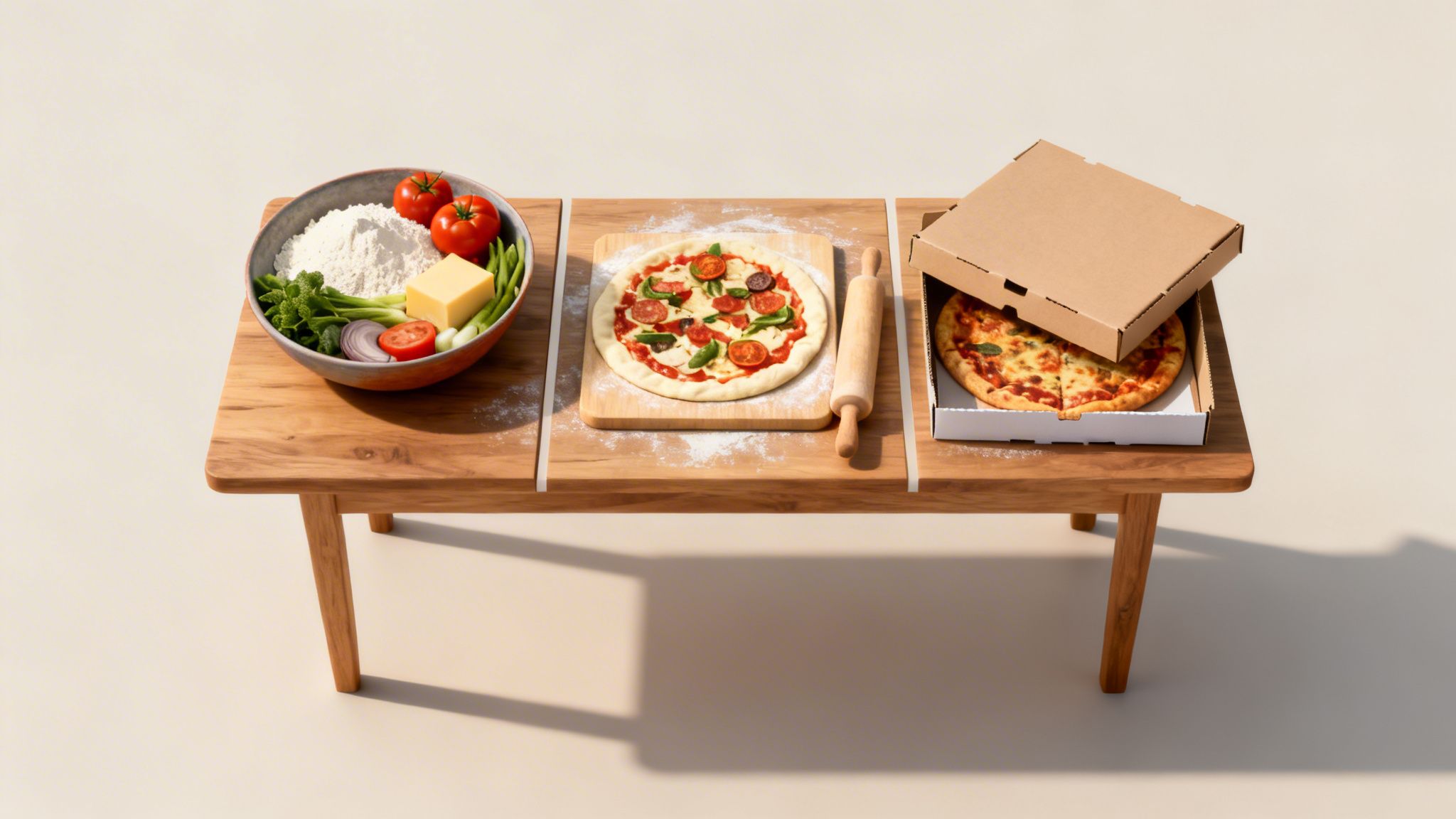 Ingredienti per pizza, una pizza cruda e una cotta in scatola su un tavolo di legno.