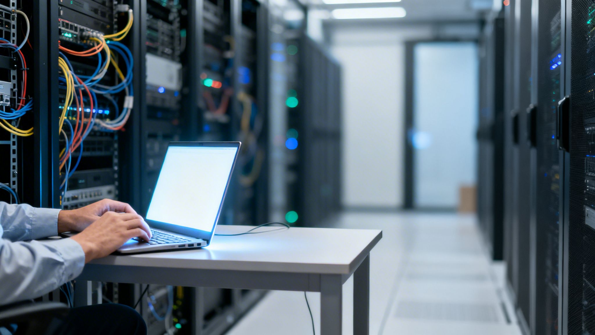 Persona che lavora su un laptop in un data center con server e cavi colorati. Un tecnico IT gestisce l'infrastruttura.