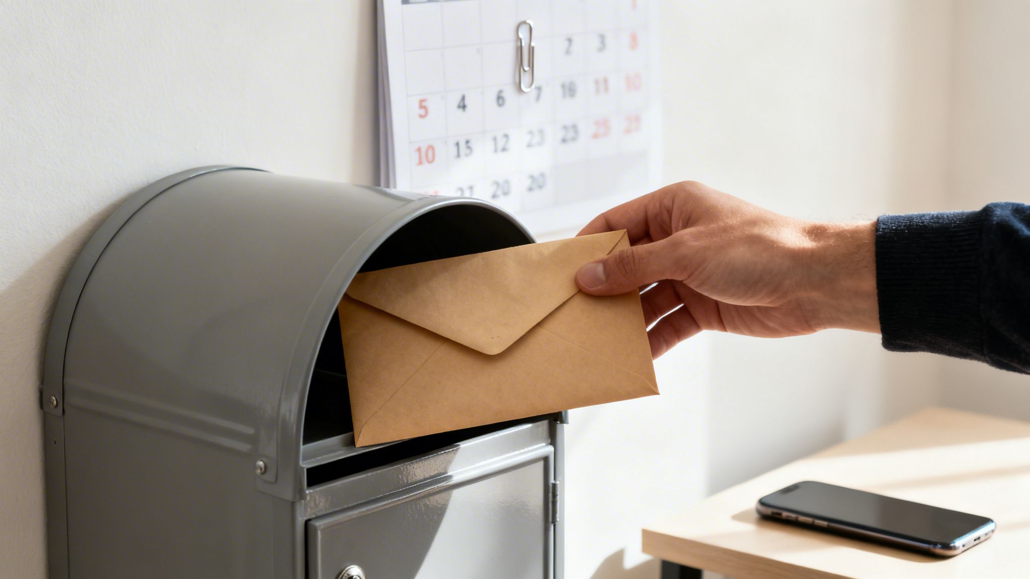 Una mano infila una busta marrone in una cassetta della posta grigia con un calendario sullo sfondo.
