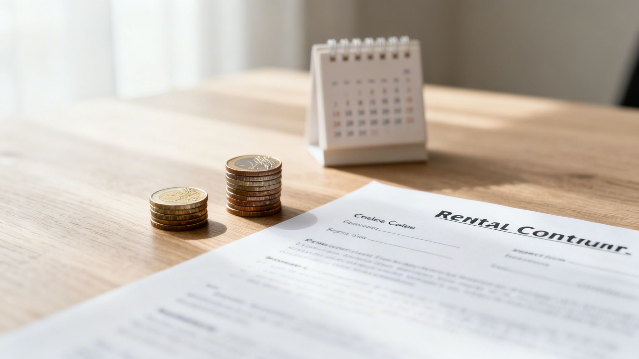 Monete euro impilate, calendario e un contratto di affitto su un tavolo di legno chiaro, con luce solare.
