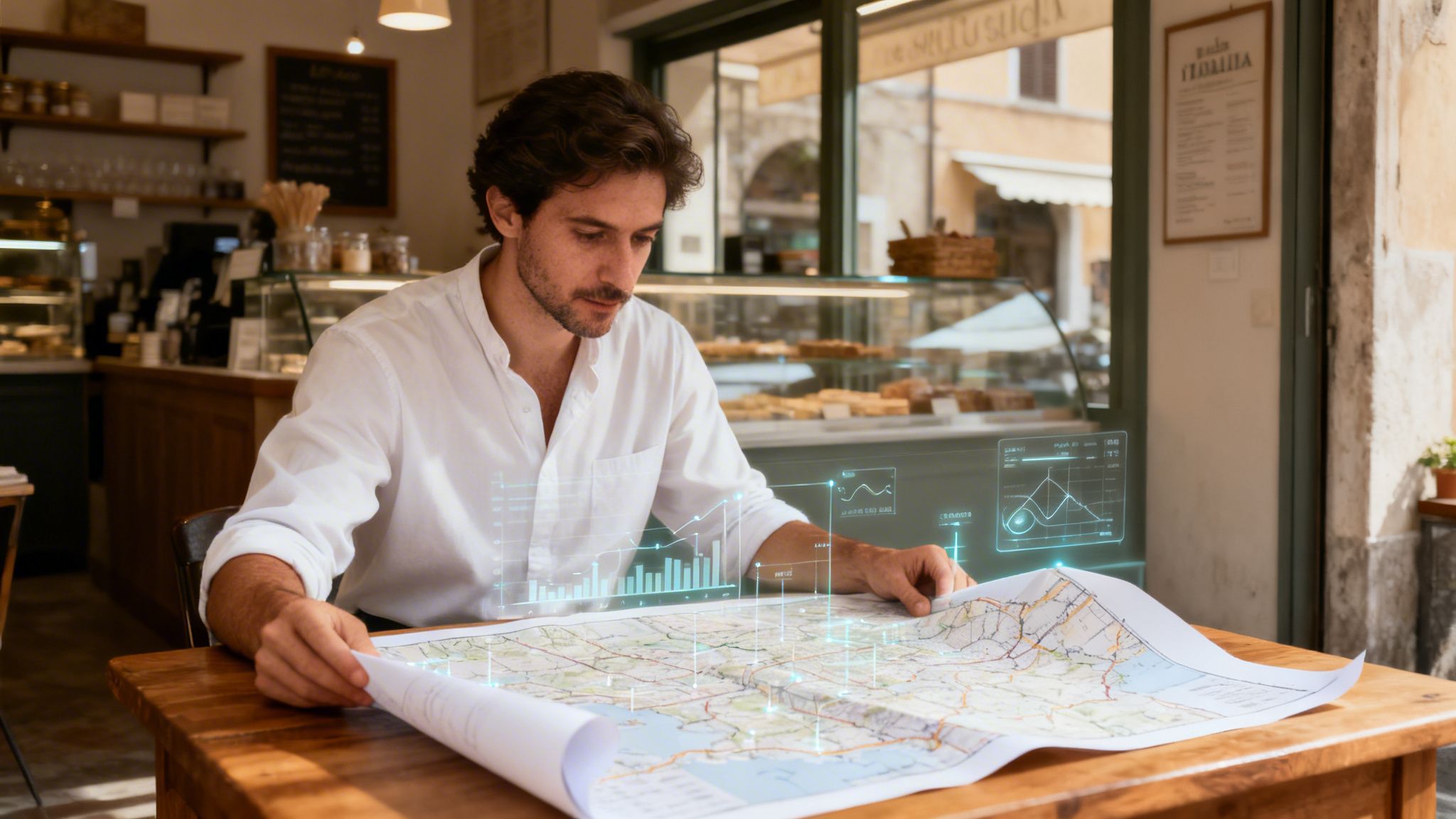 Giovane uomo in una caffetteria esamina una mappa con proiezioni di dati digitali per analisi.