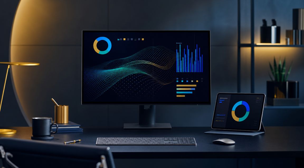 Scrivania da ufficio moderna con un monitor grande e un tablet che visualizzano grafici di dati aziendali