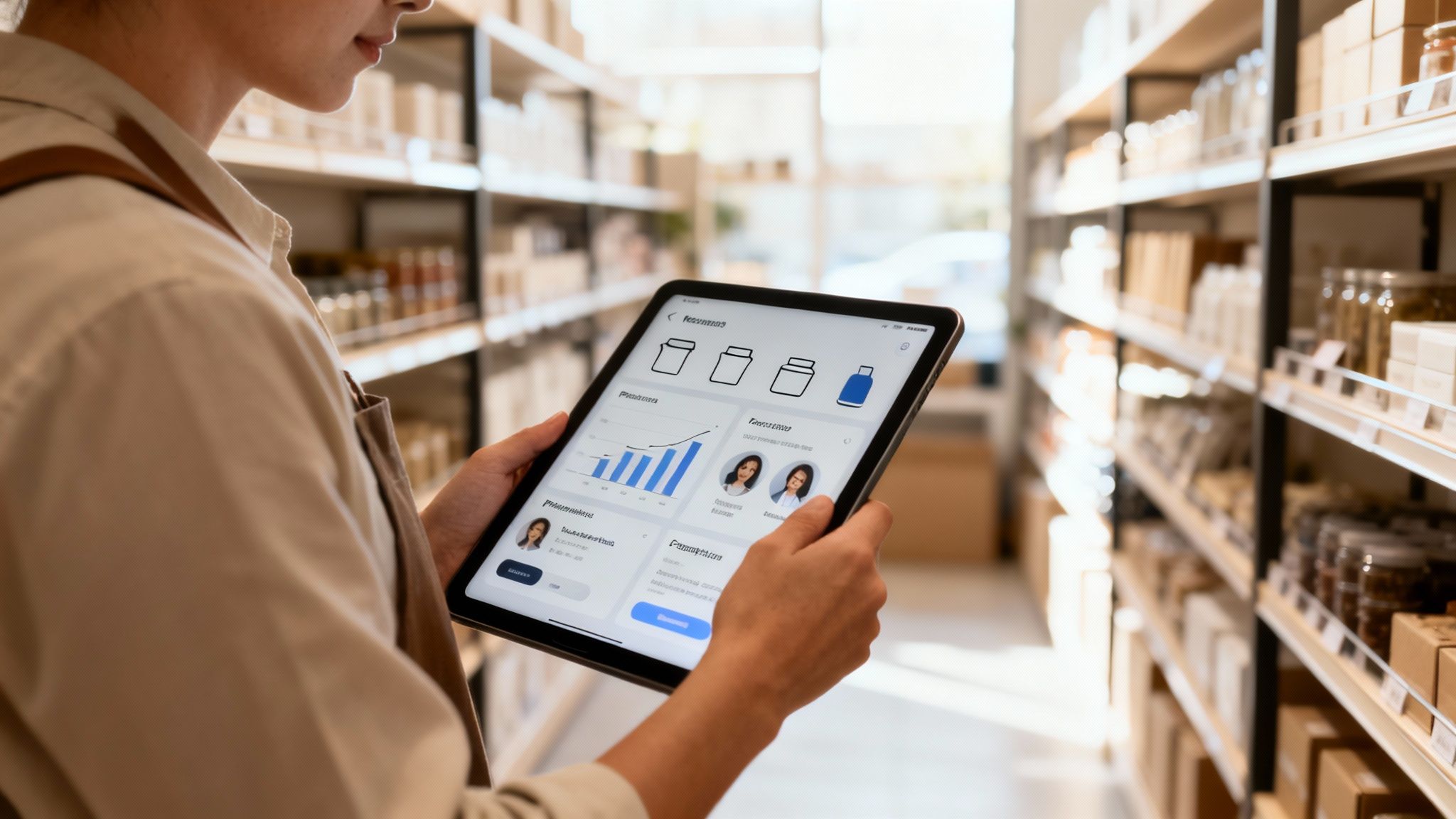 Donna in un negozio usa un tablet per l'analisi predittiva e la gestione dell'inventario.