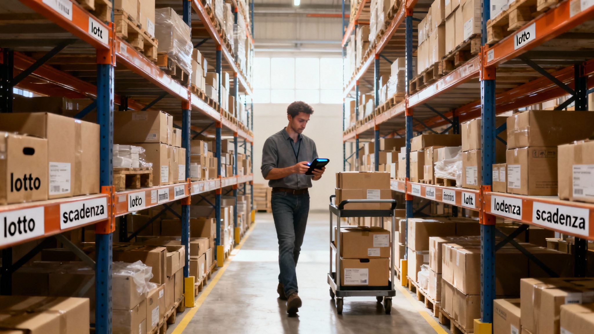 Operatore di magazzino utilizza tablet digitale per gestione inventario tra scaffalature con scatole