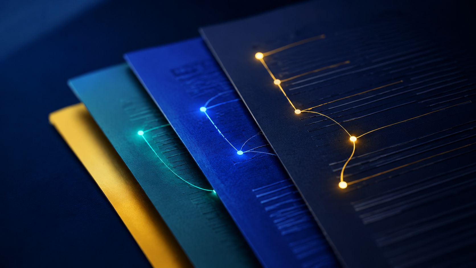 Documenti sovrapposti con grafici luminosi e nodi interconnessi che rappresentano la verifica della due diligence aziendale.