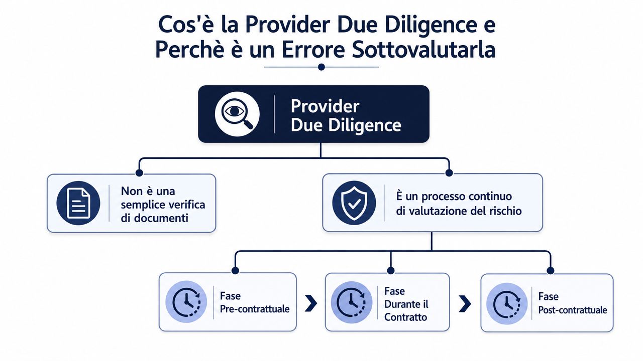 Diagramma che illustra il processo di Provider Due Diligence come valutazione continua del rischio aziendale.