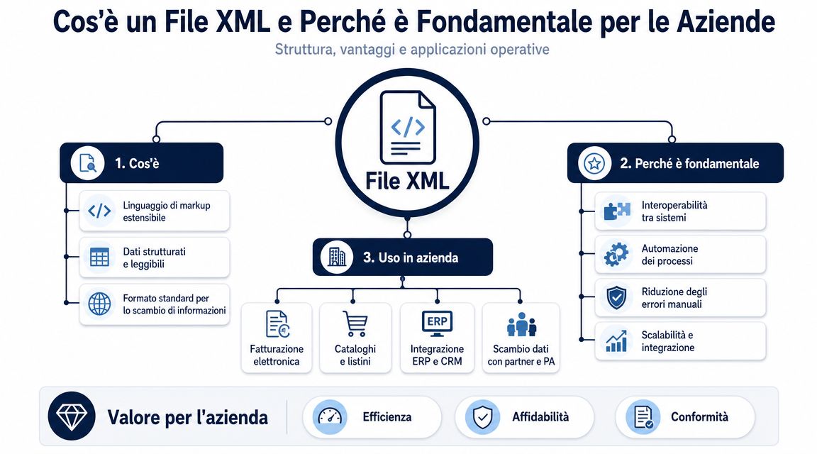 Infografica che spiega il funzionamento, l'importanza strategica e le applicazioni aziendali dei file XML in azienda.