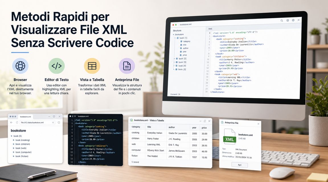 Esempio grafico che illustra quattro metodi semplici per visualizzare file XML senza scrivere codice su computer.
