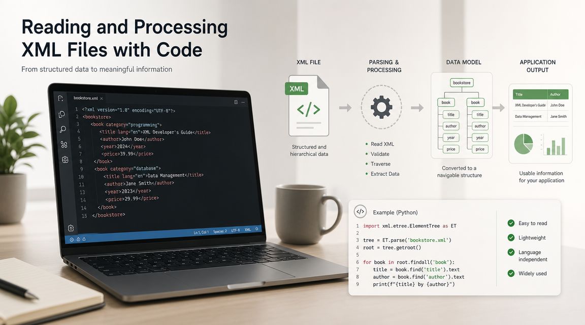 Un computer portatile che mostra codice XML con uno schema che spiega l'elaborazione dei file XML.