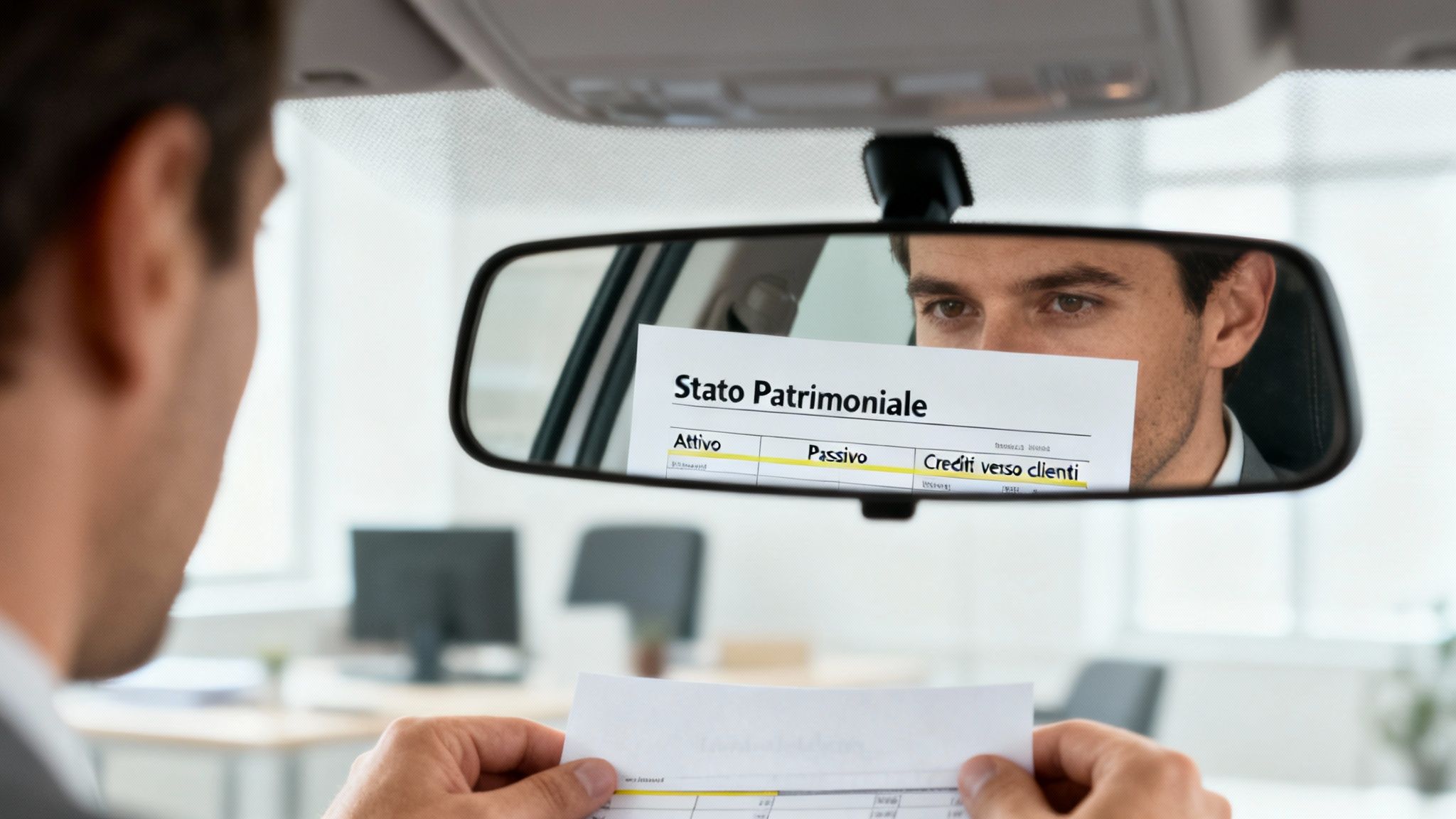Uomo guarda un documento di 'Stato Patrimoniale' nello specchietto retrovisore dell'auto, analizzando dati finanziari.