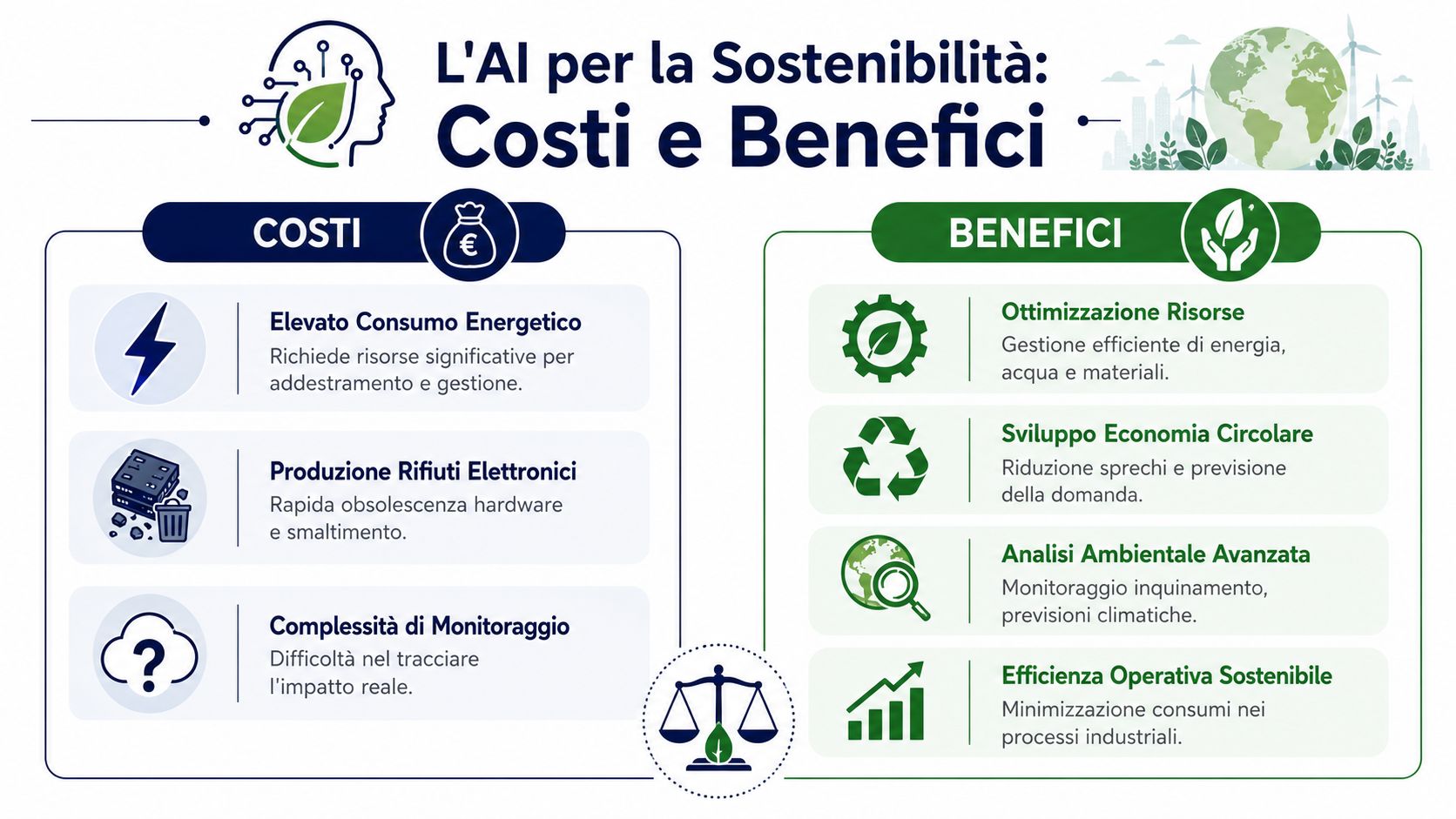 Infografica che illustra i costi ambientali e i benefici sostenibili dell'utilizzo dell'intelligenza artificiale nel mondo moderno.