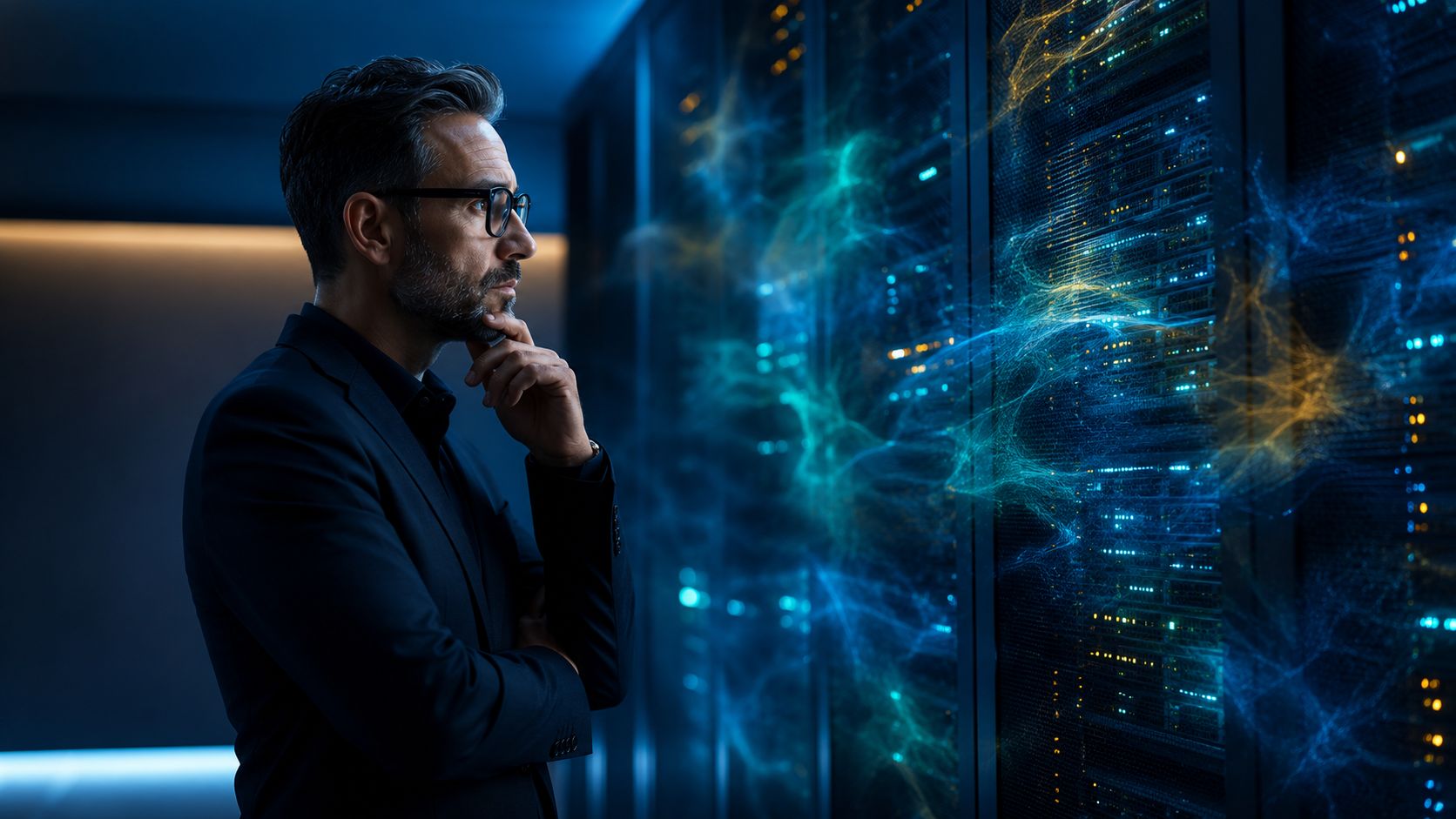 Un professionista esperto osserva attentamente un server di intelligenza artificiale con visualizzazioni di dati luminose e complesse.