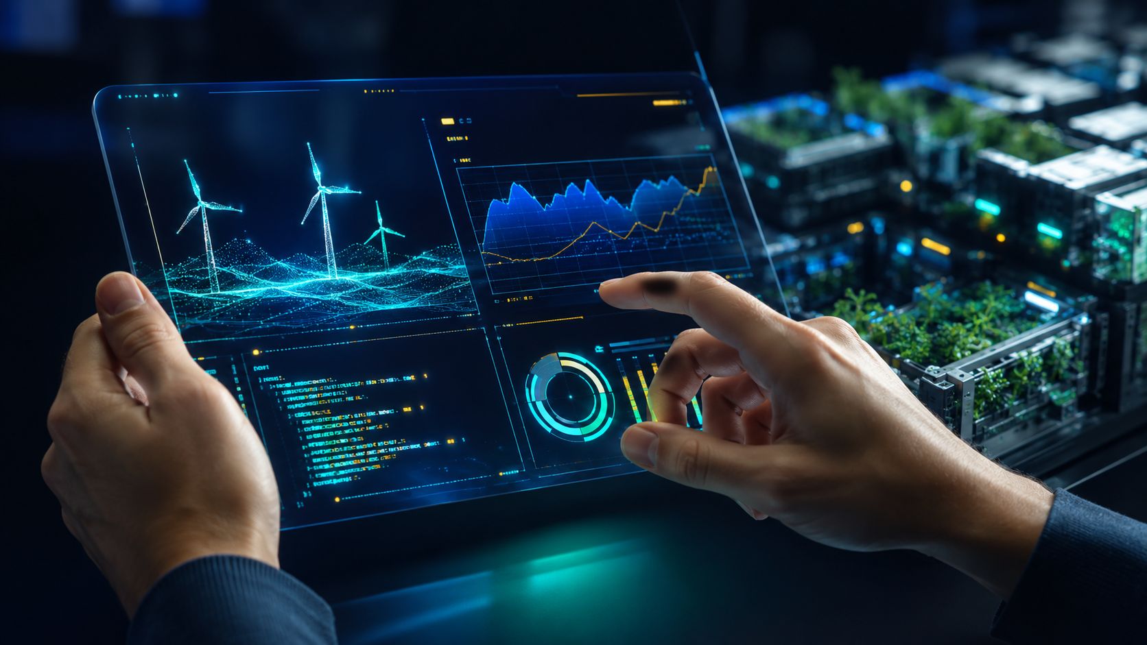 Una persona interagisce con un tablet olografico che mostra analisi di dati su energia eolica e sostenibilità.