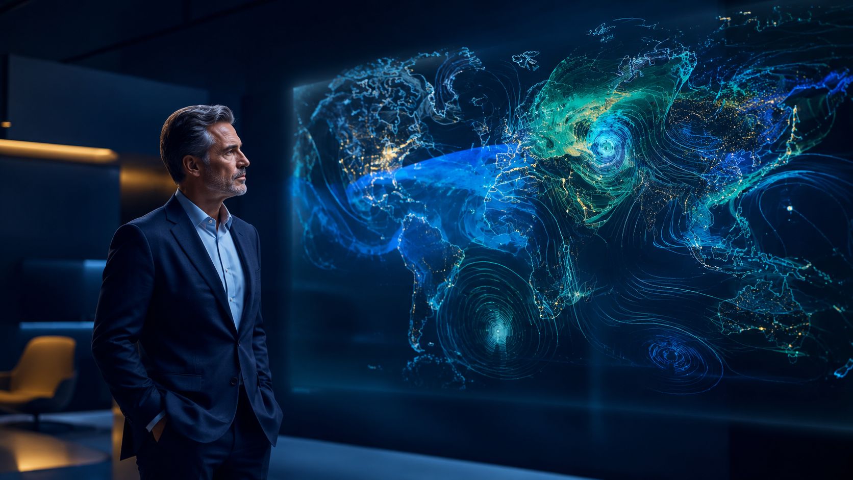 Un uomo d'affari osserva una mappa del mondo digitale che visualizza dati meteorologici o flussi globali complessi.