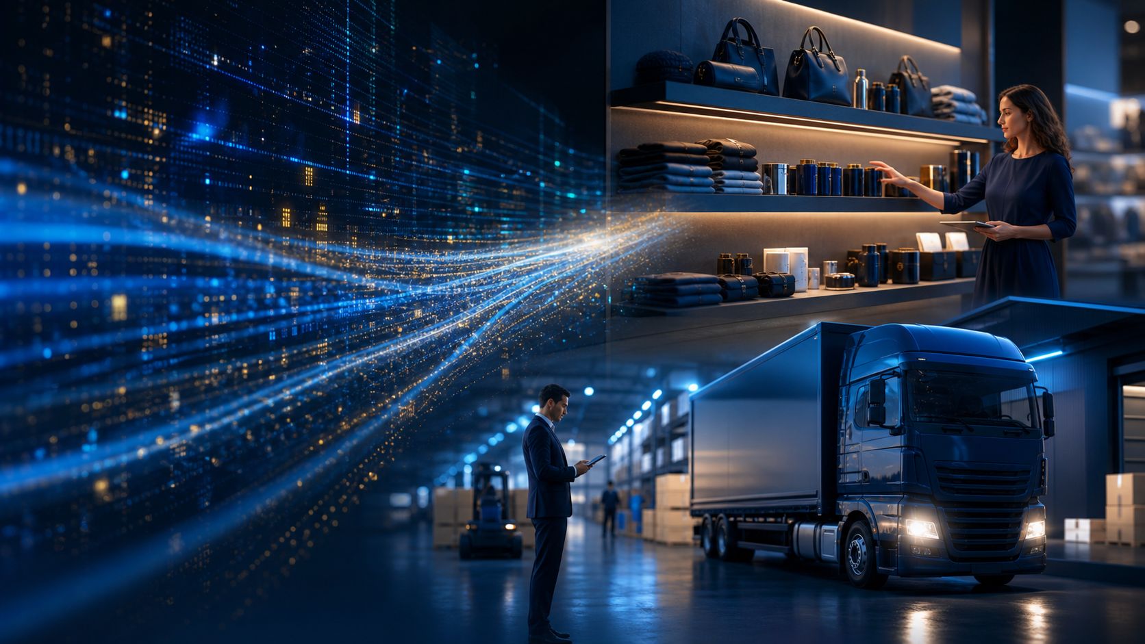 Una rappresentazione digitale che collega l'analisi predittiva con la gestione delle scorte e la logistica dei trasporti.