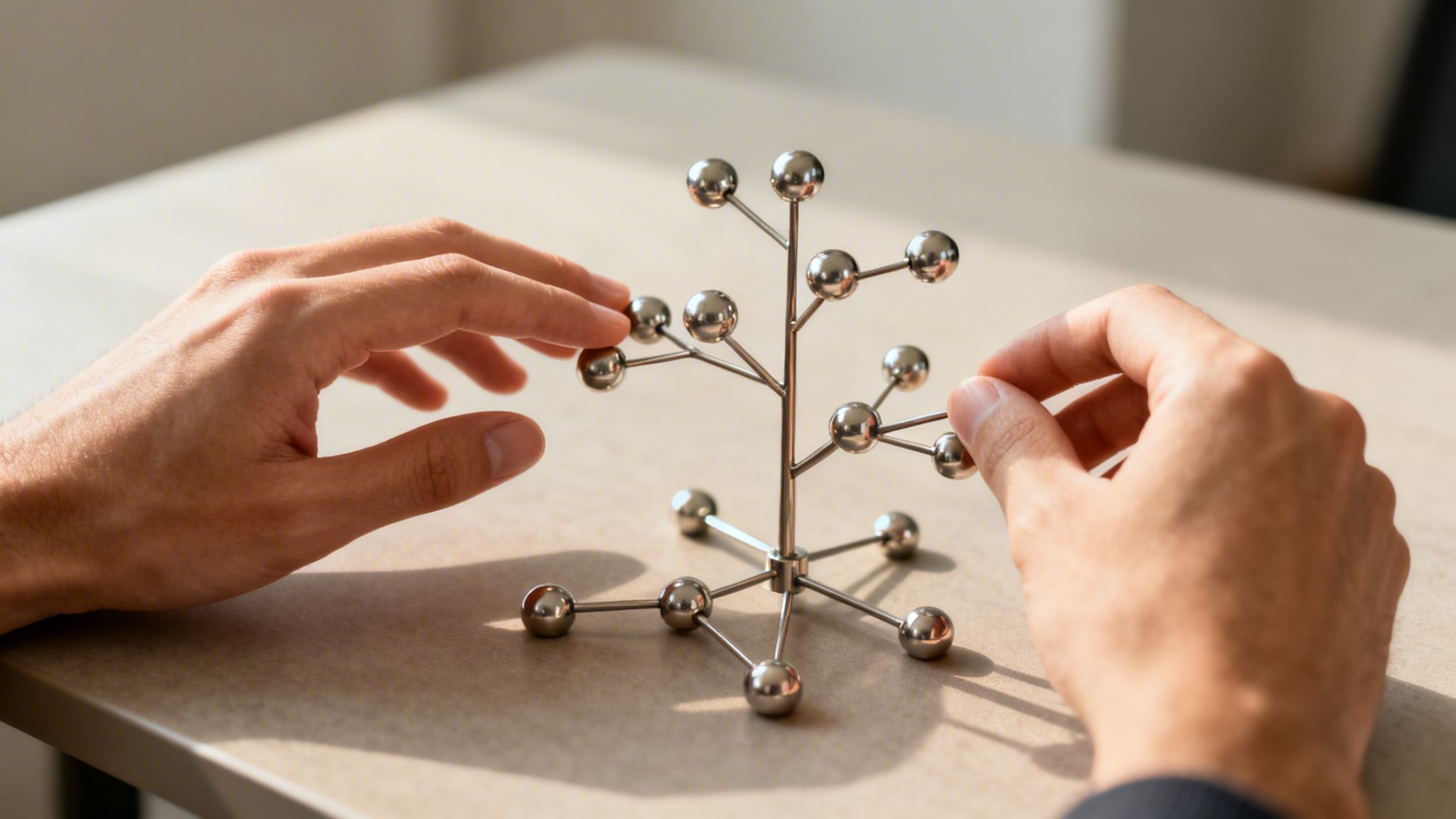 Due mani interagiscono con una scultura cinetica metallica a forma di albero, su un tavolo illuminato dal sole.