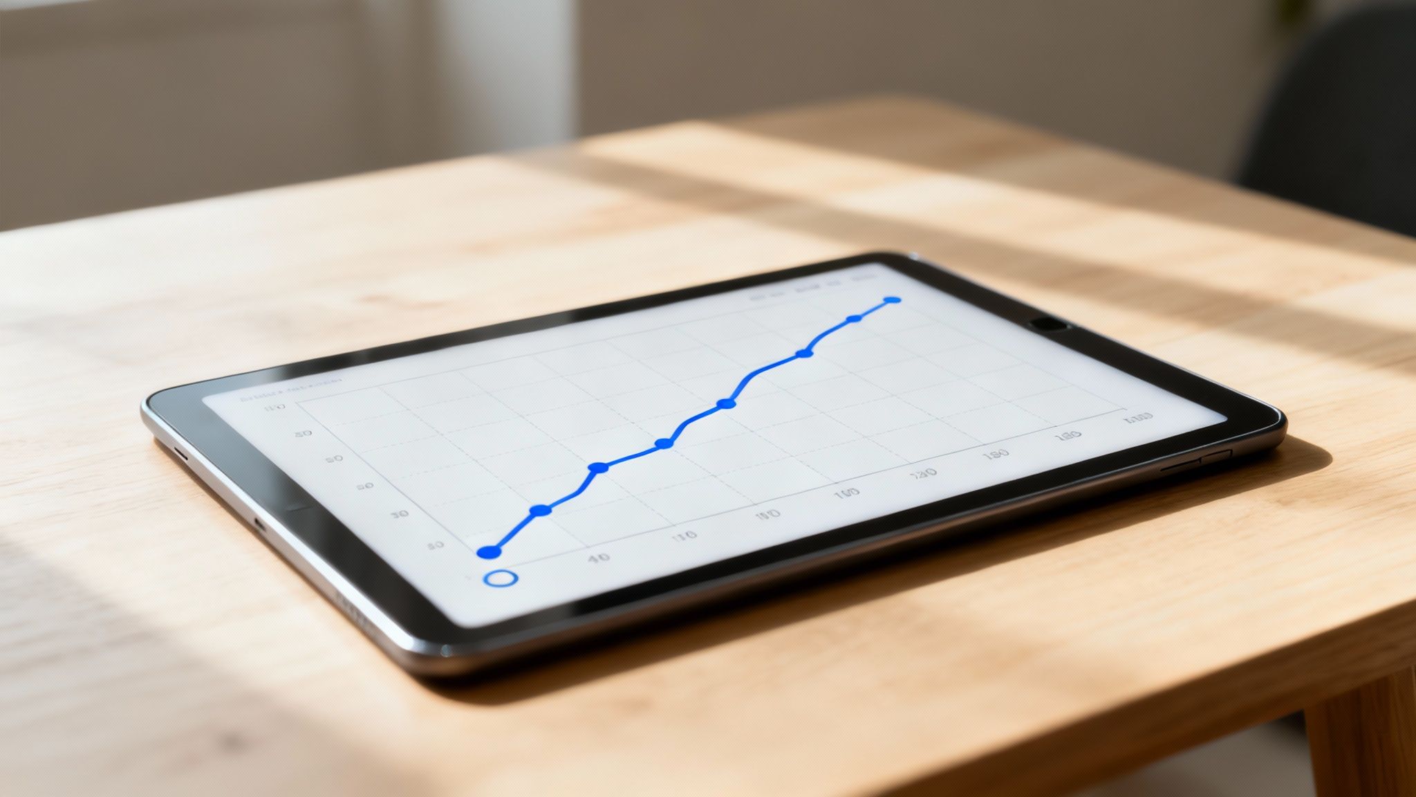 Tablet su scrivania in legno che mostra un grafico a linea blu con andamento crescente