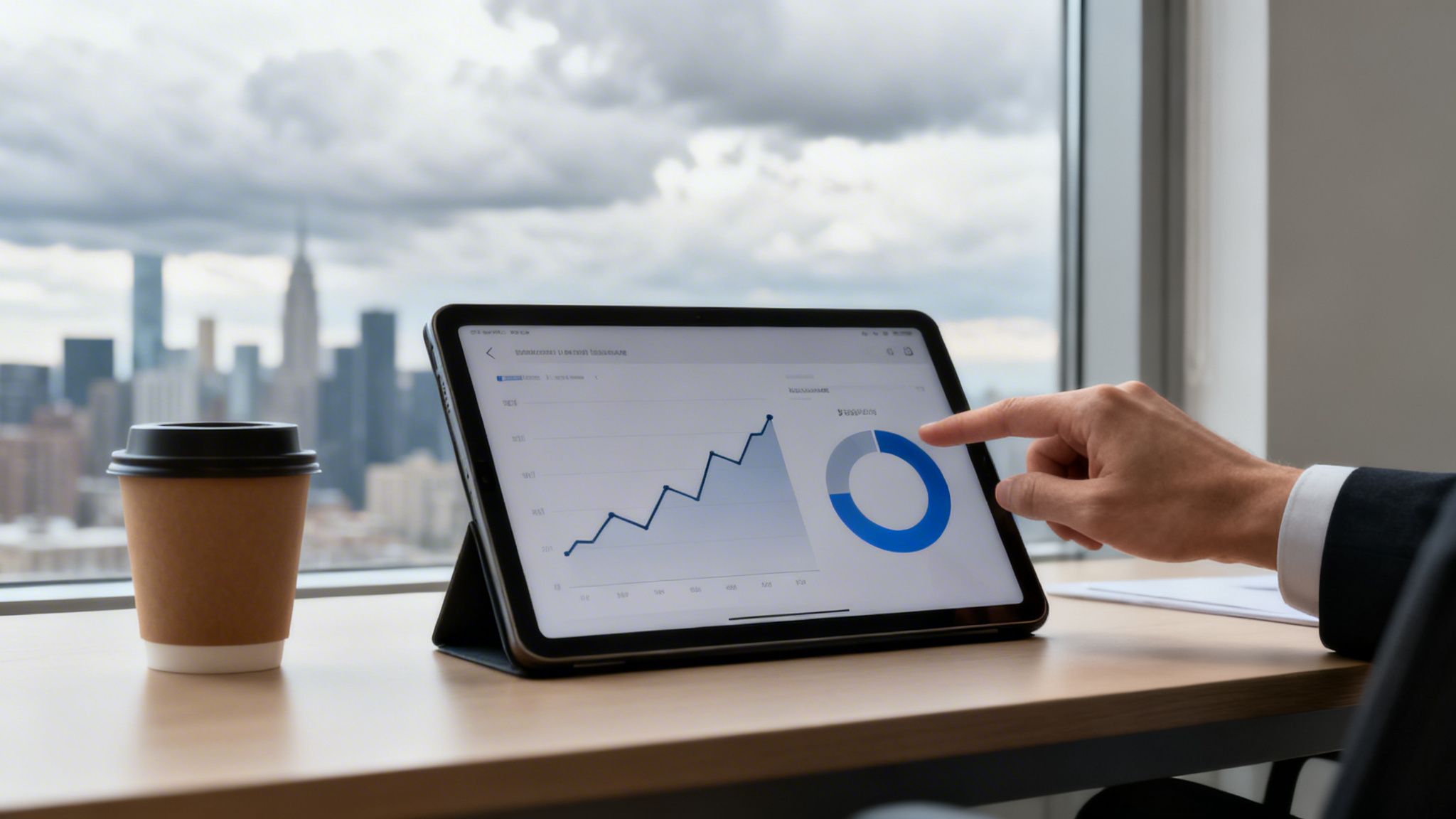Una mano tocca un tablet con grafici finanziari in un ufficio moderno con vista sulla città e una tazza di caffè.