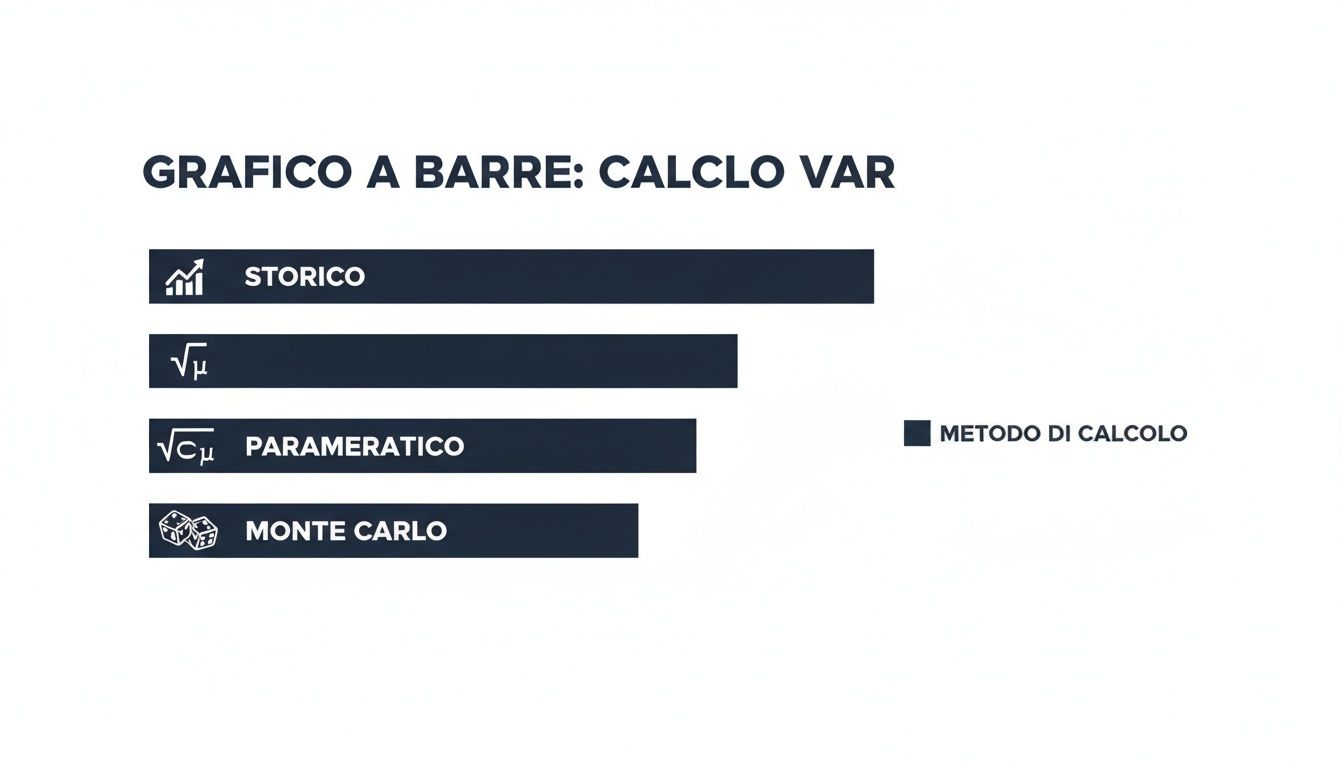 Grafico a barre che illustra i metodi di calcolo del Value at Risk: Storico, √μ, Parametrico e Monte Carlo.