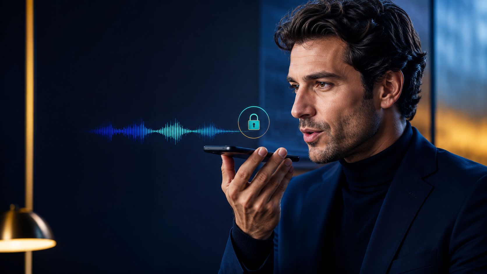 Un uomo d'affari utilizza i comandi vocali sullo smartphone con un'icona di protezione crittografata visibile sullo schermo.
