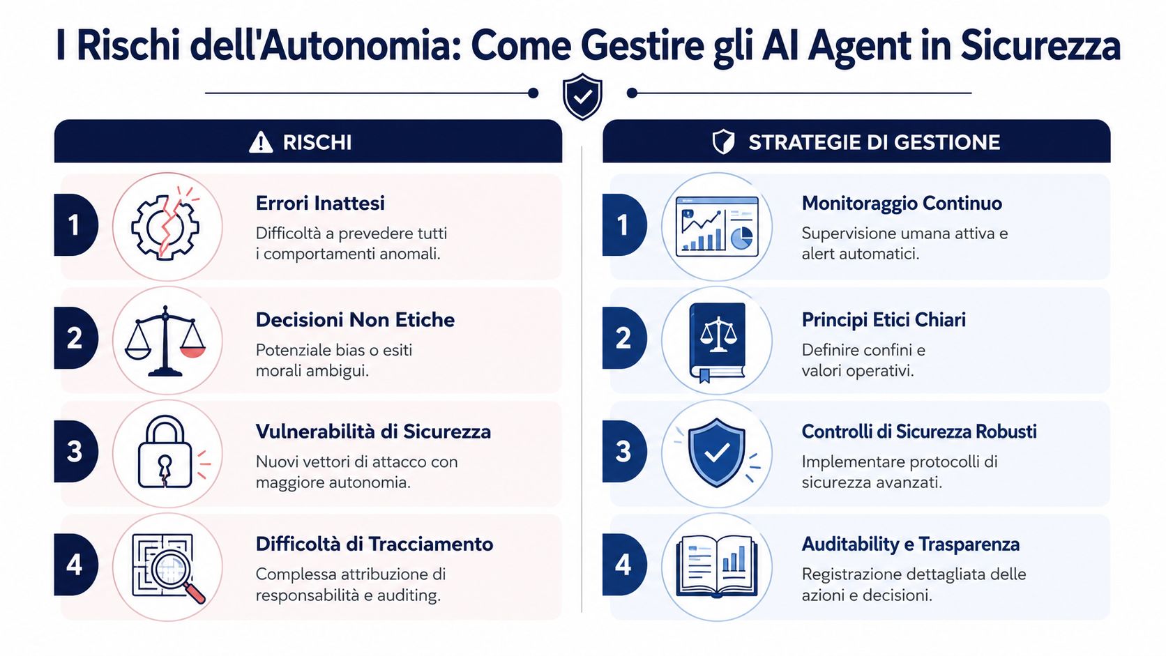 Infografica sui rischi legati all'autonomia degli agenti IA e le relative strategie di gestione sicura.