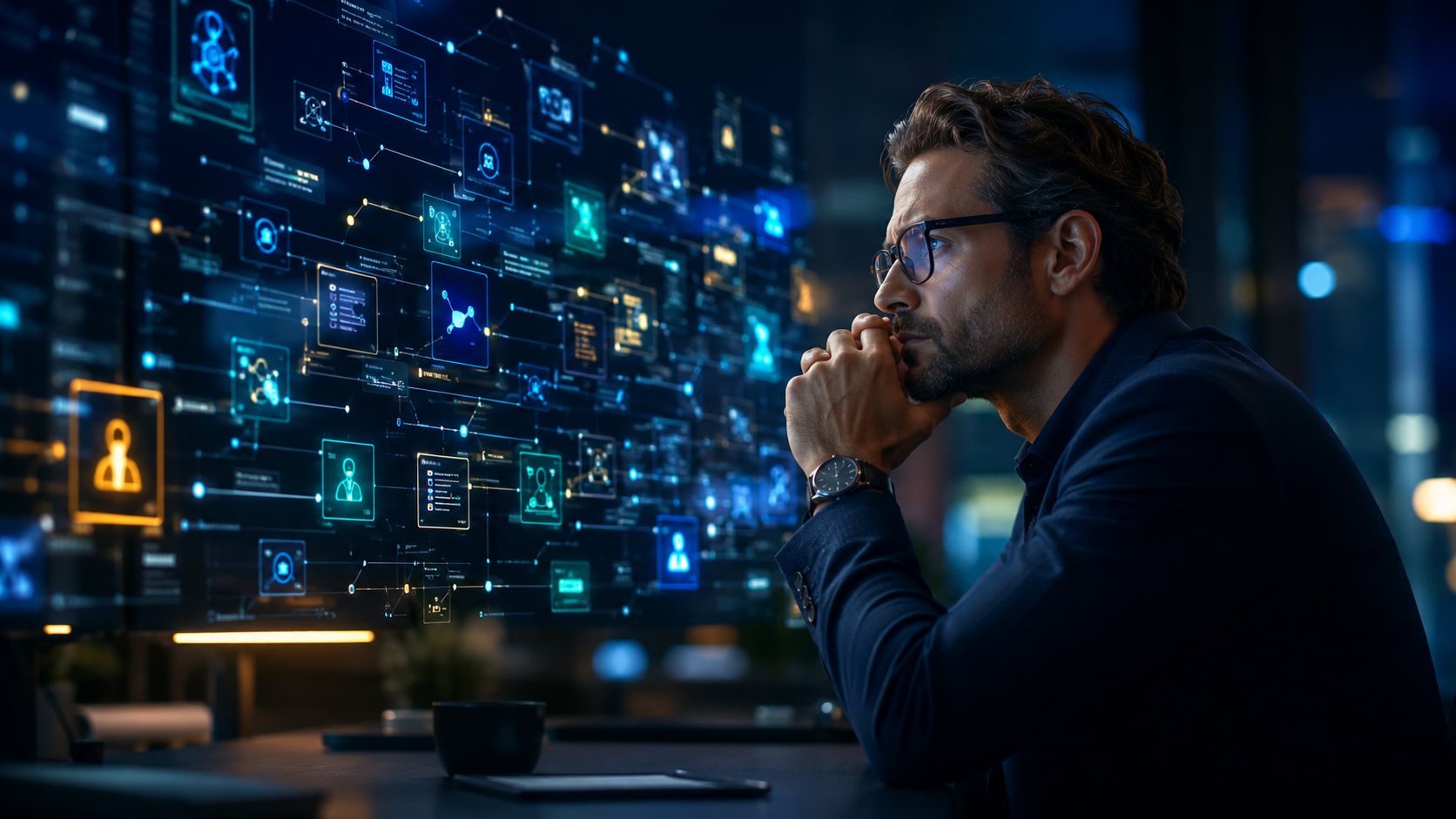 Un professionista concentrato che analizza complessi flussi di dati e intelligenza artificiale su un grande schermo digitale.